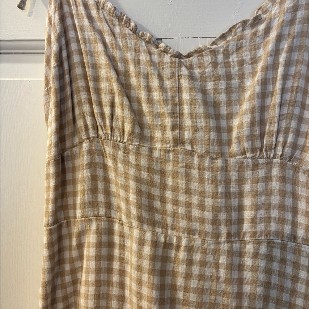 Abercrombie + Fitch Tan Gingham Tie-Shoulder Mini Dress